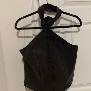 NWT Dark denim Halter Top with Floral Detail